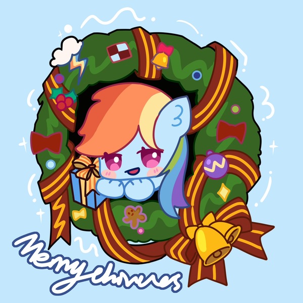 Size: 2000x2000 | Tagged: safe, artist:灰调, derpibooru import, rainbow dash, pegasus, pony, bell, christmas, christmas presents, female, holiday, image, jpeg, light blue background, mare, present, simple background, solo, wreath
