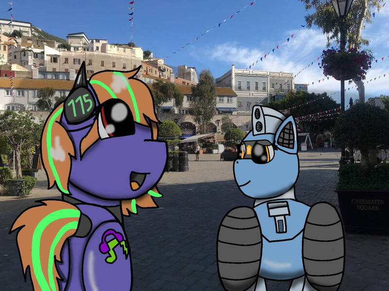 Size: 1032x774 | Tagged: safe, artist:foxfer64_yt, derpibooru import, oc, oc:mystic skies, oc:silverstream (robot pony), unofficial characters only, original species, pegasus, pony, robot, robot pony, amazed, butt, city, daylight, gibraltar, headphones, image, jpeg, relieved