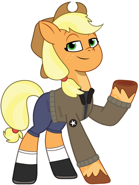 Size: 882x1174 | Tagged: safe, artist:edy_january, artist:prixy05, derpibooru import, applejack, earth pony, pony, g5, my little pony: tell your tale, applejack's hat, boots, clothes, colonel.aj, cowboy hat, denim, girls und panzer, hat, image, jacket, jeans, military, military pony, military uniform, pants, png, saunders, shirt, shoes, short pants, simple background, socks, soldier, soldier pony, solo, stockings, thigh highs, transparent background, uniform