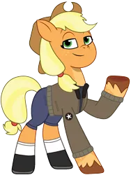 Size: 882x1174 | Tagged: safe, artist:edy_january, artist:prixy05, derpibooru import, applejack, earth pony, pony, g5, my little pony: tell your tale, applejack's hat, boots, clothes, colonel.aj, cowboy hat, denim, girls und panzer, hat, image, jacket, jeans, military, military pony, military uniform, pants, png, saunders, shirt, shoes, short pants, simple background, socks, soldier, soldier pony, solo, stockings, thigh highs, transparent background, uniform