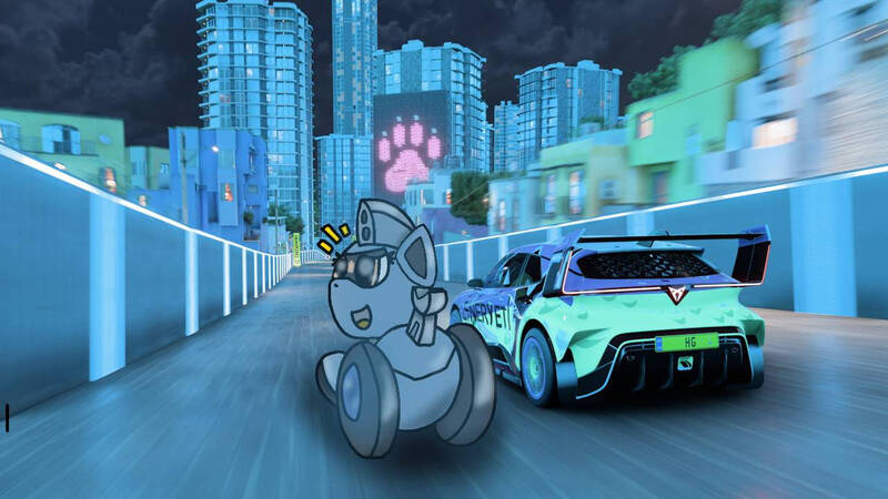 Size: 1192x670 | Tagged: safe, artist:foxfer64_yt, derpibooru import, oc, oc:silverstream (robot pony), unofficial characters only, original species, pony, robot, robot pony, wheelpone, amazed, car, city, cruising, forza horizon, highway, image, jpeg, neon, paws, photo, racecar, rear