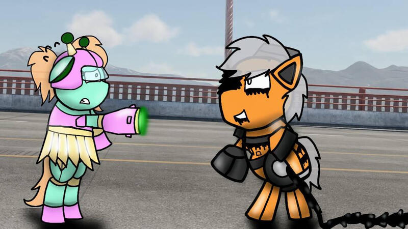 Size: 1014x571 | Tagged: safe, derpibooru import, oc, oc:ferro, oc:goldheart, unofficial characters only, original species, pony, robot, robot pony, bridge, cannon, crazy eyes, duo, fear, ferrofluid, fight, floppy ears, frightened, image, jpeg, photo, sword, weapon