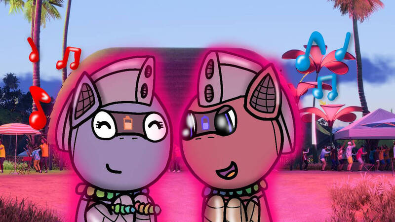 Size: 1192x670 | Tagged: safe, artist:foxfer64_yt, derpibooru import, oc, oc:silverstream (robot pony), oc:trackhead, unofficial characters only, pony, robot, robot pony, chatting, dancing, duo, happy, hawaii, image, jpeg, listening to music, party, photo, sunset, vibing