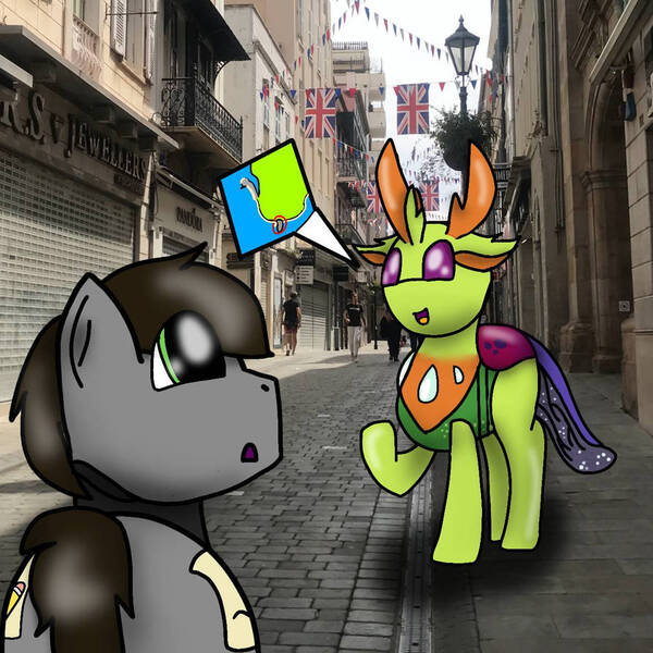 Size: 894x894 | Tagged: safe, artist:foxfer64_yt, derpibooru import, thorax, oc, oc:razor uniboop, changedling, changeling, pegasus, pony, butt, chatting, city, curious, gibraltar, image, jpeg, photo, street