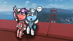 Size: 1192x670 | Tagged: safe, artist:foxfer64_yt, derpibooru import, oc, oc:red ruby, oc:silverstream (robot pony), unofficial characters only, pony, robot, robot pony, bridge, chatting, duo, friend, golden gate bridge, happy, image, jpeg, photo, sitting, spread arms, vibing