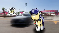 Size: 1192x670 | Tagged: safe, artist:foxfer64_yt, derpibooru import, oc, oc:thunder (fl), oc:twostep, unofficial characters only, earth pony, pegasus, pony, airpods, car, clothes, drifting, duo, festival, forza horizon, happy, image, jpeg, listening to music, photo, scarf, shocked, smiling