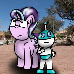 Size: 720x720 | Tagged: safe, artist:foxfer64_yt, derpibooru import, starlight glimmer, oc, oc:bx-8, pony, robot, unicorn, art trade, city, confused, day, image, jpeg, looking up, mexico, mulege, photo