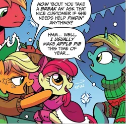 Size: 761x748 | Tagged: safe, artist:brendahickey, derpibooru import, idw, apple bloom, applejack, big macintosh, unnamed character, unnamed pony, pony, unicorn, spoiler:comic, spoiler:comicholiday2017, adorabloom, clothes, cute, g4, image, png, sweater