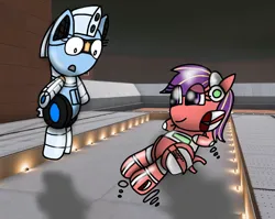 Size: 1002x797 | Tagged: safe, artist:foxfer64_yt, derpibooru import, oc, oc:red ruby, oc:silverstream (robot pony), unofficial characters only, pony, robot, robot pony, amazed, bipedal, duo, floating, image, jpeg, lying down, photo, relaxed, space, spaceship, zero gravity