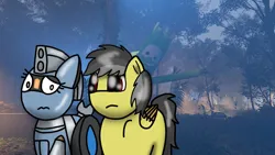 Size: 1192x670 | Tagged: safe, artist:foxfer64_yt, derpibooru import, oc, oc:silverstream (robot pony), oc:thunder (fl), unofficial characters only, alien, pegasus, pony, robot, robot pony, concerned, duo, floppy ears, fog, forest, image, jpeg, nature, night, photo, tree, wondering, worried