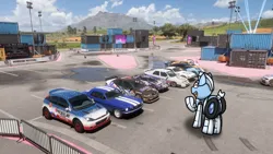 Size: 1192x670 | Tagged: safe, artist:foxfer64_yt, derpibooru import, oc, oc:silverstream (robot pony), unofficial characters only, original species, pony, robot, robot pony, car, crate, festival, forza horizon, guild, image, jpeg, photo, salute, smiling, solo, waving