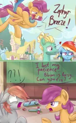 Size: 1280x2050 | Tagged: safe, artist:redheadfly, derpibooru import, rainbow dash, scootaloo, zephyr breeze, oc, oc:dynamo sparks, pony, image, older, png, scooter, tumblr:ask-adultscootaloo
