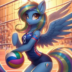 Size: 1024x1024 | Tagged: safe, ai content, derpibooru import, machine learning generated, oc, unofficial characters only, anthro, pegasus, blushing, female, image, jpeg, sports, volleyball, volleyball net