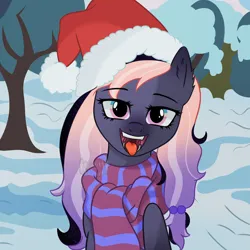 Size: 2048x2048 | Tagged: suggestive, artist:artsypaws, derpibooru import, oc, oc:silversparks, fluffy pony, pegasus, pony, background, chest fluff, christmas, clothes, ear fluff, female, fetish, fluffy, g4, hat, holiday, image, open mouth, piercing, png, saliva puddle, santa hat, scarf, soft vore, solo, tongue piercing, vore, winter