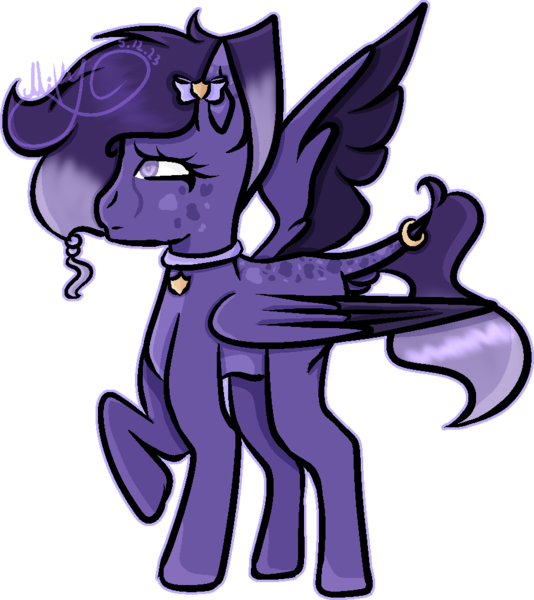 Size: 894x1004 | Tagged: safe, artist:thecommandermiky, derpibooru import, oc, oc:miky command, unofficial characters only, pegasus, pony, accessory, bow, collar, eyes open, female, folded wings, full body, hair bow, image, jewelry, mare, pegasus oc, png, purple eyes, purple hair, raised hoof, ring, short hair, short tail, simple background, solo, spots, spread wings, tail, tail ring, transparent background, wings