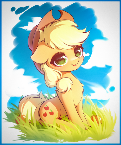 Size: 3400x4062 | Tagged: safe, artist:stahlkat, derpibooru import, applejack, earth pony, pony, apple, applejack's hat, cowboy hat, cute, female, floppy ears, food, g4, grass, hat, high res, image, jackabetes, looking at you, mare, open mouth, open smile, png, smiling, smiling at you, solo