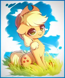 Size: 3400x4062 | Tagged: safe, artist:stahlkat, derpibooru import, applejack, earth pony, pony, apple, applejack's hat, cowboy hat, cute, female, floppy ears, food, g4, grass, hat, high res, image, jackabetes, looking at you, mare, open mouth, open smile, png, smiling, smiling at you, solo