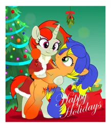 Size: 4333x5000 | Tagged: safe, artist:jhayarr23, derpibooru import, oc, oc:scarlet reverie, oc:solar aura, pegasus, pony, unicorn, bipedal, christmas, christmas tree, colored wings, commission, commissioner:solar aura, female, gradient hooves, gradient wings, highlights, holiday, horn, image, imminent kissing, lesbian, mare, mistletoe, pegasus oc, png, ponytail, tree, unicorn oc, wings, ych result, your character here