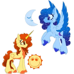 Size: 1925x1914 | Tagged: safe, artist:bryony6210, derpibooru import, ponified, pegasus, pony, unicorn, blue coat, cheek fluff, chest fluff, coat markings, curly hair, curly tail, ethereal mane, eyelashes, female, freckles, galaxy mane, galaxy tail, hooves, horn, image, long horn, moon, orange mane, orange tail, pegasus wings, png, simple background, spread wings, sun, tail, the amazing digital circus, transparent background, two toned coat, unicorn horn, unshorn fetlocks, wings, yellow coat