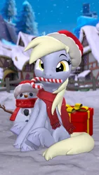 Size: 2160x3840 | Tagged: safe, artist:owlpirate, derpibooru import, derpy hooves, pegasus, pony, 3d, 4k, candy, candy cane, christmas, clothes, female, food, hat, high res, holiday, image, looking at you, mare, mouth hold, png, present, santa hat, scarf, sitting, smiling, smiling at you, snow, snowman, solo, source filmmaker