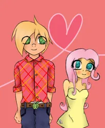 Size: 376x459 | Tagged: safe, artist:geritarusame, derpibooru import, big macintosh, fluttershy, human, 2012, belt, blushing, breasts, clothes, denim, dress, duo, duo male and female, eye clipping through hair, female, fluttermac, freckles, heart, humanized, image, jeans, male, pants, plaid, png, shipping, smiling, straight