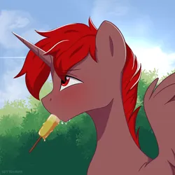 Size: 2048x2048 | Tagged: safe, artist:cottonaime, derpibooru import, oc, oc:hardy, alicorn, pony, blushing, food, ice cream, image, male, png, side view, spread wings, stallion, wings