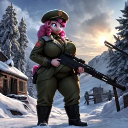 Size: 1024x1024 | Tagged: safe, ai content, derpibooru import, machine learning generated, stable diffusion, pinkie pie, anthro, earth pony, boots, breasts, busty pinkie pie, clothes, derpibooru exclusive, female, g4, gun, image, military uniform, png, prompter:professordoctorc, shoes, snow, soviet, soviet union, uniform, weapon, world war ii
