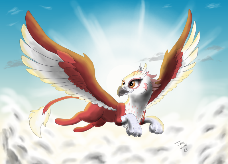 Size: 3000x2160 | Tagged: safe, artist:jack-varus, derpibooru import, oc, oc:bobbie, gryphon, cloud, cloudy, female, flying, griffish isles, griffon oc, image, mascot, png, sky, solo