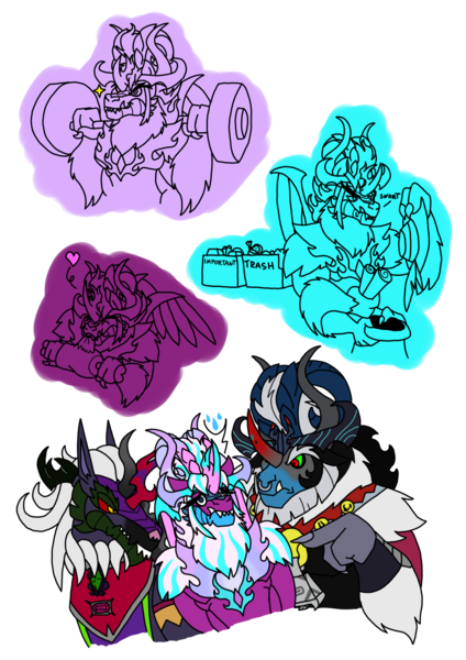 Size: 1000x1414 | Tagged: safe, artist:zetikoopa, derpibooru import, ahuizotl, grogar, king sombra, lord tirek, pony of shadows, storm king, oc, oc:alastor, oc:dark havok, oc:keiran, oc:phantom infinite, centaur, taur, g5, my little pony: the movie, amalgamation, bell, eating, female to male, fusion, fusion:ahuizotl, fusion:grogar, fusion:king sombra, fusion:lord tirek, fusion:pony of shadows, fusion:storm king, grogar's bell, image, male, opaline arcana, png, rule 63, species swap, uneasy, workout