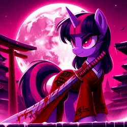 Size: 1024x1024 | Tagged: prompter needed, semi-grimdark, ai content, derpibooru import, machine learning generated, twilight sparkle, pony, blood, blood moon, building, clothes, evil, evil twilight, female, full body, full moon, g4, generator:dall-e 3, image, japan, jpeg, katana, kimono (clothing), looking sideways, mare, moon, outdoors, sky, solo, sword, weapon