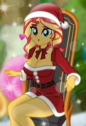 Size: 4944x7224 | Tagged: safe, artist:emeraldblast63, derpibooru import, sunset shimmer, human, equestria girls, blowing a kiss, breasts, busty sunset shimmer, chair, christmas, cleavage, clothes, costume, eyeshadow, female, hat, heart, holiday, image, lidded eyes, looking at you, makeup, png, santa costume, santa hat, sitting