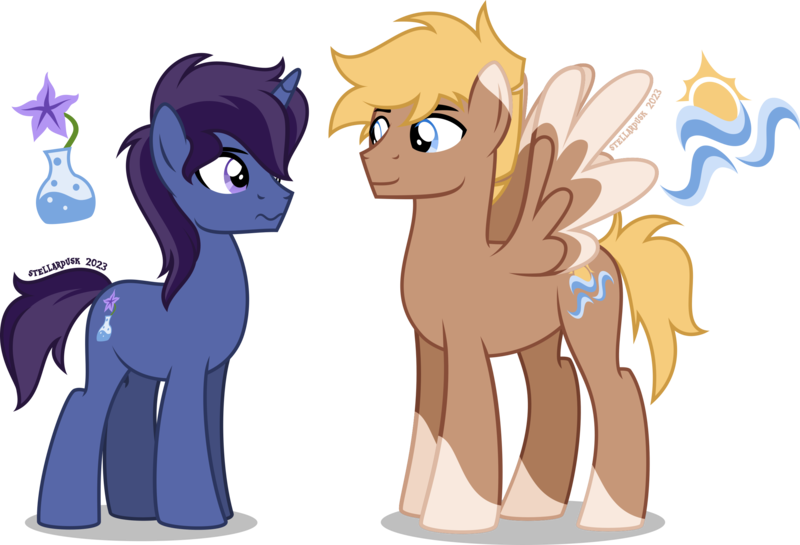 Size: 2622x1786 | Tagged: safe, artist:stellardusk, derpibooru import, oc, oc:night shade, oc:solar winds, unofficial characters only, pegasus, pony, unicorn, image, male, png, simple background, transparent background