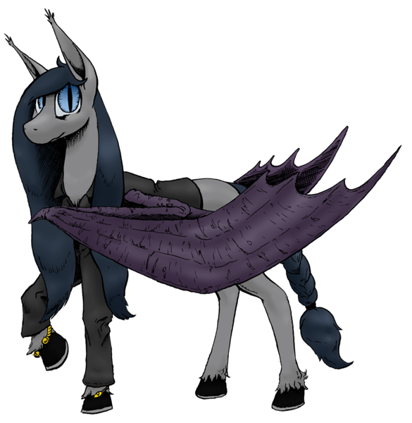 Size: 1249x1280 | Tagged: safe, artist:darkhestur, derpibooru import, oc, oc:dark, bat pony, undead, vampire, vampony, derpibooru community collaboration, 2024 community collab, bat pony oc, bat wings, bracelet, braid, braided tail, clothes, horseshoes, image, jacket, jewelry, leather, leather jacket, looking at you, mixed media, png, simple background, solo, tail, transparent background, wings