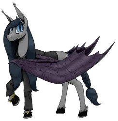 Size: 1249x1280 | Tagged: safe, artist:darkhestur, derpibooru import, oc, oc:dark, bat pony, undead, vampire, vampony, derpibooru community collaboration, 2024 community collab, bat pony oc, bat wings, bracelet, braid, braided tail, clothes, horseshoes, image, jacket, jewelry, leather, leather jacket, looking at you, mixed media, png, simple background, solo, tail, transparent background, wings