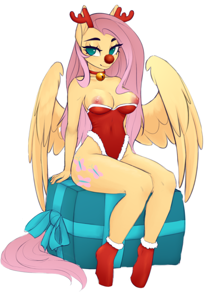 Size: 3356x4800 | Tagged: questionable, artist:evlass, derpibooru import, fluttershy, anthro, pegasus, unguligrade anthro, animal costume, antlers, bedroom eyes, bell, bell collar, breasts, busty fluttershy, clothes, collar, costume, female, image, leotard, lidded eyes, looking at you, nipples, nudity, png, present, reindeer antlers, reindeer costume, rudolph nose, smiling, smiling at you, solo, solo female, spread wings, thong leotard, wings