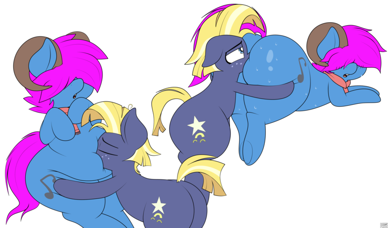 Size: 4482x2634 | Tagged: suggestive, artist:blitzyflair, derpibooru import, star tracker, oc, oc:bliss, earth pony, ass, belly, big belly, butt, butt grab, butt touch, canon x oc, clothes, curvy, dummy thicc, earth pony oc, embarrassed, faceful of ass, gay, goat horns, grope, horns, huge butt, image, large butt, lewd, lying down, male, plot, png, scarf, simple background, sitting, sweat, sweaty butt, tail, the ass was fat, thick, transparent background, wide hips, worship