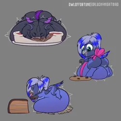 Size: 4000x4000 | Tagged: suggestive, artist:owloffortune, derpibooru import, oc, unofficial characters only, changeling, gryphon, belly, belly bed, big belly, cake, candy, changeling oc, commission, cookie, fat, food, griffon oc, huge belly, image, impossibly large belly, obese, png, stomach noise, stuffed belly, sweets, ych result