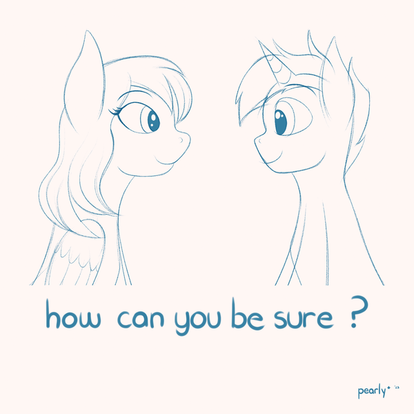 Size: 2000x2000 | Tagged: safe, artist:pearly* marshmallow, derpibooru import, oc, unofficial characters only, pegasus, unicorn, duo, female, horn, image, looking at each other, looking at someone, male, monochrome, pegasus oc, png, radiohead, simple background, sitting, sketch, smiling, song reference, text, unicorn oc, white background, wings