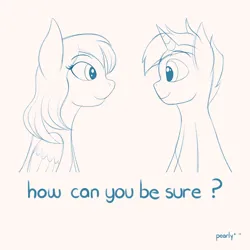 Size: 2000x2000 | Tagged: safe, artist:pearly* marshmallow, derpibooru import, oc, unofficial characters only, pegasus, unicorn, duo, female, horn, image, looking at each other, looking at someone, male, monochrome, pegasus oc, png, radiohead, simple background, sitting, sketch, smiling, song reference, text, unicorn oc, white background, wings