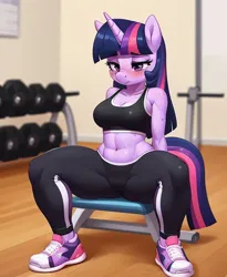 Size: 576x704 | Tagged: safe, ai content, derpibooru import, machine learning generated, prompter:spacelight, twilight sparkle, anthro, plantigrade anthro, unicorn, blushing, clothes, g4, gym, gym uniform, image, jpeg, shoes, solo, sports, sports bra, sports outfit, tired, unicorn twilight