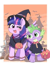 Size: 1592x2060 | Tagged: safe, artist:leo19969525, derpibooru import, spike, twilight sparkle, alicorn, bat, dragon, pony, bowtie, bracelet, clothes, costume, cross, cross necklace, cute, duo, fangs, female, g4, grave, halloween, halloween costume, hat, holiday, image, jack-o-lantern, jewelry, jpeg, looking at each other, looking at someone, male, mare, necklace, one eye closed, open mouth, passepartout, pumpkin, smiling, spikabetes, twiabetes, wink, witch costume, witch hat