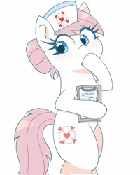 Size: 1638x2048 | Tagged: safe, artist:leo19969525, derpibooru import, nurse redheart, earth pony, pony, bipedal, clipboard, cute, female, g4, hat, heartabetes, hoof over mouth, image, jpeg, mare, nurse hat, simple background, solo, white background