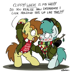 Size: 1677x1686 | Tagged: suggestive, artist:bobthedalek, derpibooru import, oc, oc:bubble pump, oc:clippy ticket, unofficial characters only, earth pony, pegasus, pony, boop, clothes, hat, hearth's warming, image, jacket, kiss mark, lipstick, mistletoe, noseboop, png, scrunchy face, sweat, sweatdrops, sweater