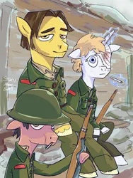 Size: 540x720 | Tagged: semi-grimdark, artist:starrymoonspell, derpibooru import, earth pony, pony, unicorn, bandage, blood, cigarette, clothes, eye scar, facial scar, gun, image, injured, jpeg, military, rifle, scar, smoking, soldier, soldier pony, trench, uniform, war, weapon