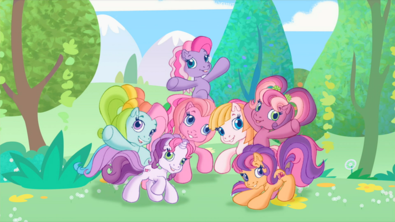 Size: 1920x1080 | Tagged: safe, derpibooru import, screencap, cheerilee (g3), pinkie pie (g3), rainbow dash (g3), scootaloo (g3), starsong, sweetie belle (g3), toola roola, earth pony, pony, unicorn, g3, cloud, core seven, female, flower, g3.5, group, horn, image, looking at you, open mouth, open smile, opening, opening theme, outdoors, png, pose, raised hoof, raised hooves, smiling, tail, toola-roola, tree