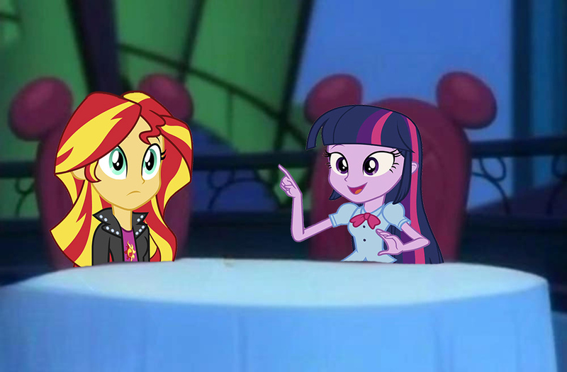 Size: 1000x656 | Tagged: safe, derpibooru import, editor:homersimpson1983, sunset shimmer, twilight sparkle, human, equestria girls, disney, g4, house of mouse, image, jpeg, table