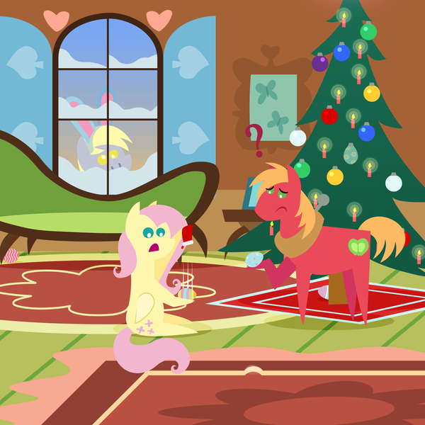 Size: 2160x2160 | Tagged: safe, anonymous artist, derpibooru import, big macintosh, derpy hooves, fluttershy, earth pony, pegasus, pony, series:fm holidays, series:hearth's warming advent calendar 2023, advent calendar, bunny ears, christmas, christmas stocking, christmas tree, confused, derpy being derpy, duo focus, easter, easter bunny, easter egg, female, fluttermac, fluttershy's cottage, frown, g4, high res, holiday, hoof hold, image, lineless, looking through the window, male, mare, open mouth, png, pointy ponies, question mark, shipping, smiling, stallion, straight, tree, trio