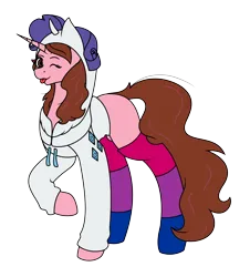 Size: 2380x2632 | Tagged: safe, artist:calibykitty, artist:icicle-wicicle-1517, derpibooru import, rarity, oc, oc:opacity, unofficial characters only, pony, unicorn, derpibooru community collaboration, 2024 community collab, :p, bisexual pride flag, clothes, collaboration, female, hoodie, image, mare, missing cutie mark, one eye closed, png, pride, pride flag, raised hoof, simple background, socks, solo, striped socks, tongue out, transparent background, wink
