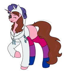 Size: 2380x2632 | Tagged: safe, artist:calibykitty, artist:icey-wicey-1517, derpibooru import, rarity, oc, oc:opacity, unofficial characters only, pony, unicorn, derpibooru community collaboration, 2024 community collab, :p, bisexual pride flag, clothes, collaboration, female, hoodie, image, mare, missing cutie mark, one eye closed, png, pride, pride flag, raised hoof, simple background, socks, solo, striped socks, tongue out, transparent background, wink