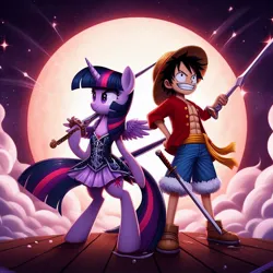 Size: 1024x1024 | Tagged: safe, ai content, artist:meshari7, derpibooru import, machine learning generated, twilight sparkle, twilight sparkle (alicorn), alicorn, human, pony, equestria girls, bipedal, clothes, dress, female, grin, image, jpeg, male, monkey d. luffy, one piece, prompter:meshari7, smiling, solo, sword, weapon